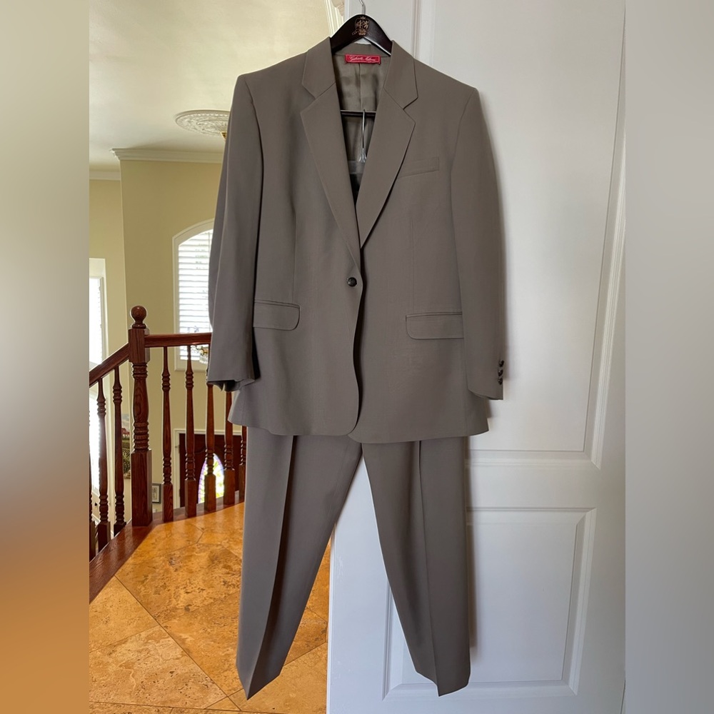 Classic beautifully tailored two-piece wool gaberdine pantsuit made in the USA.